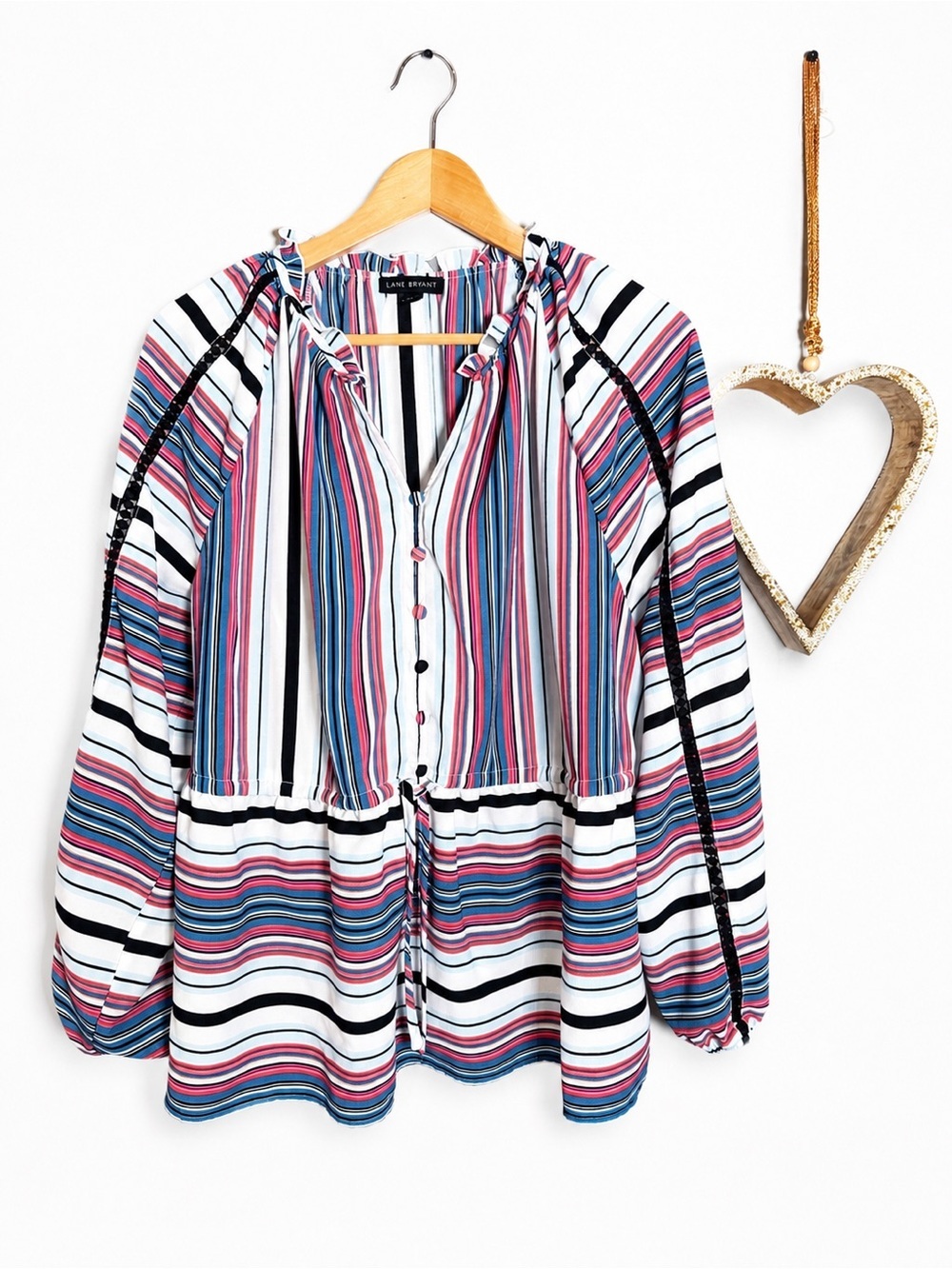 Lane Bryant Striped Boho Peasant Blouse Plus Size 14/16 Tie Neck Balloon Sleeve